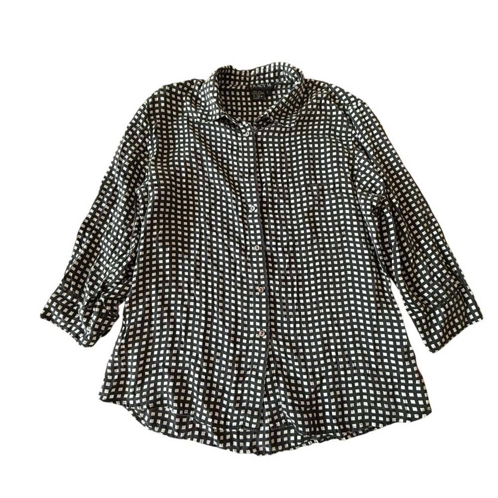Tracy M 100% Silk Button Up Blouse 3/4 Sleeve Black and White Geometric‎ Large